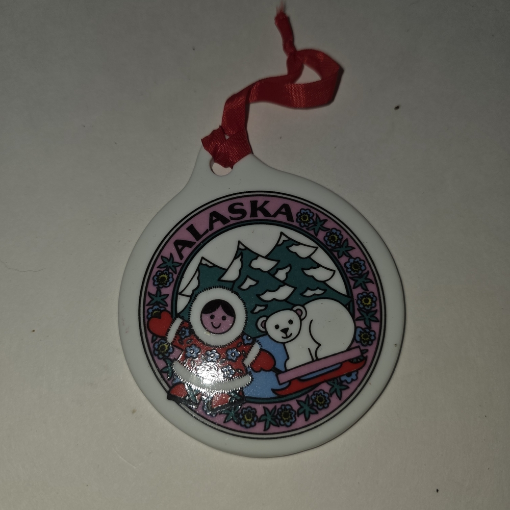 Porcelain Merry Christmas from Alaska, Child & Baby Polar Bear Ornament 1994